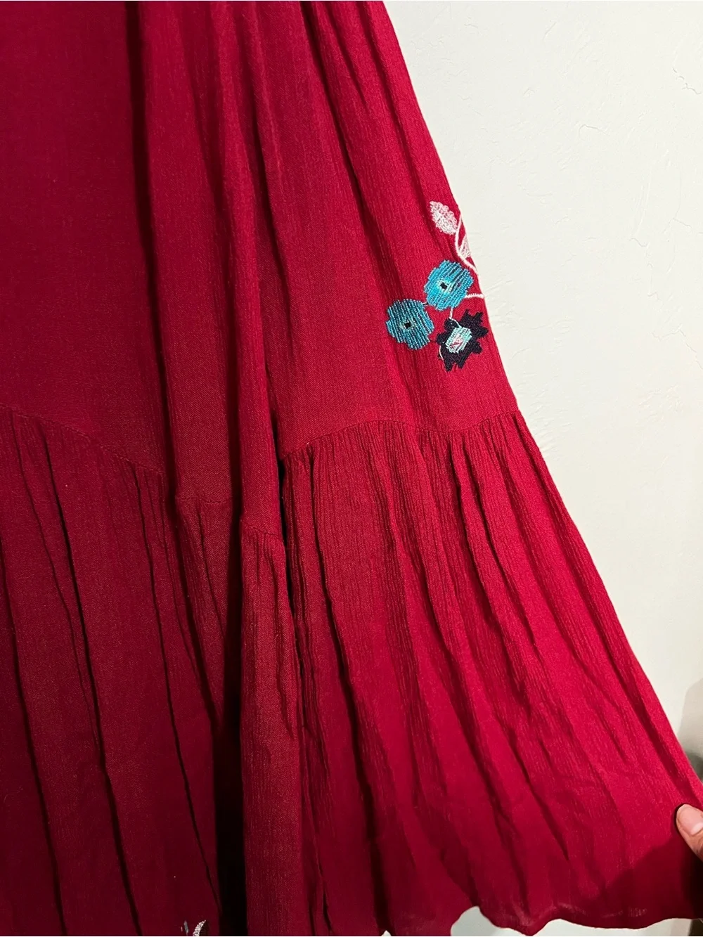 Free People Te‎ Amo Red Blue Floral Embroidered V Neck Babydoll Mini Dress